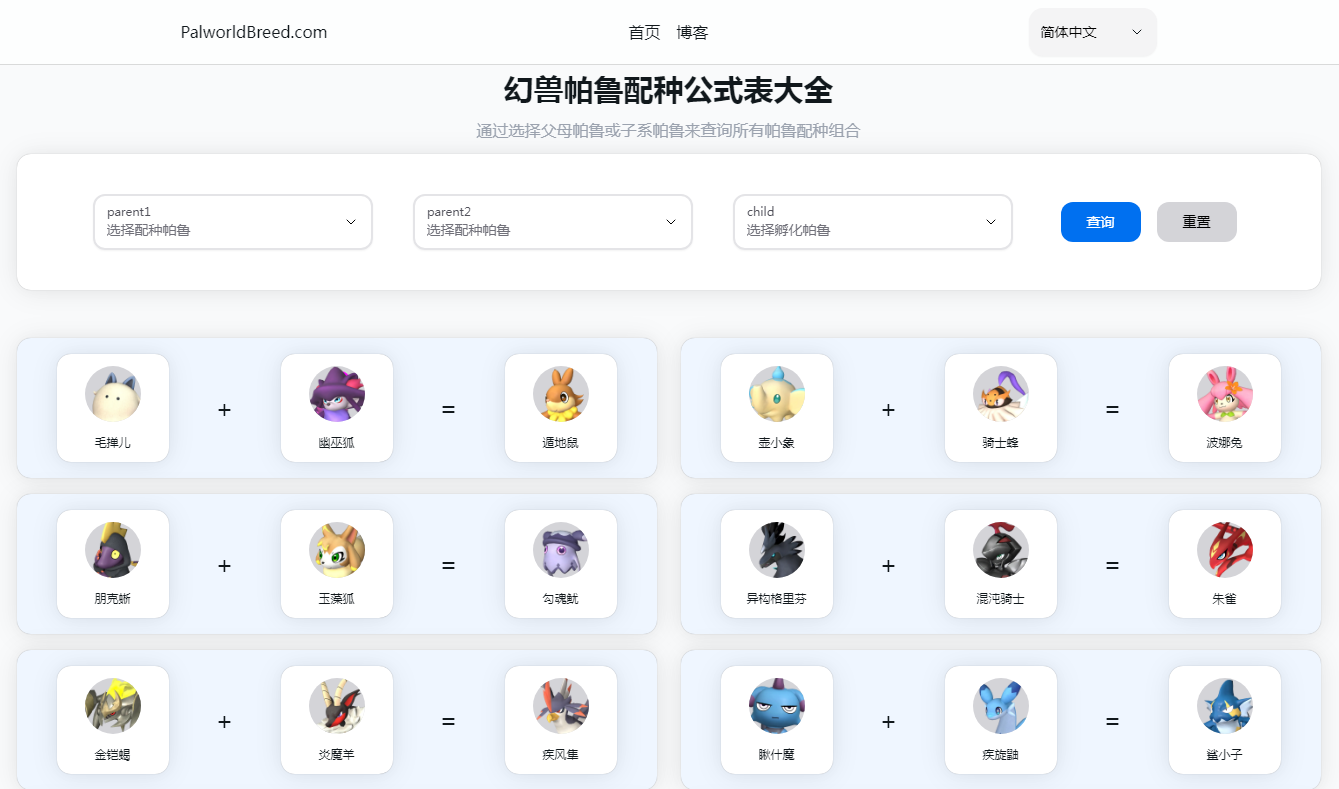 幻兽帕鲁配种公式表大全